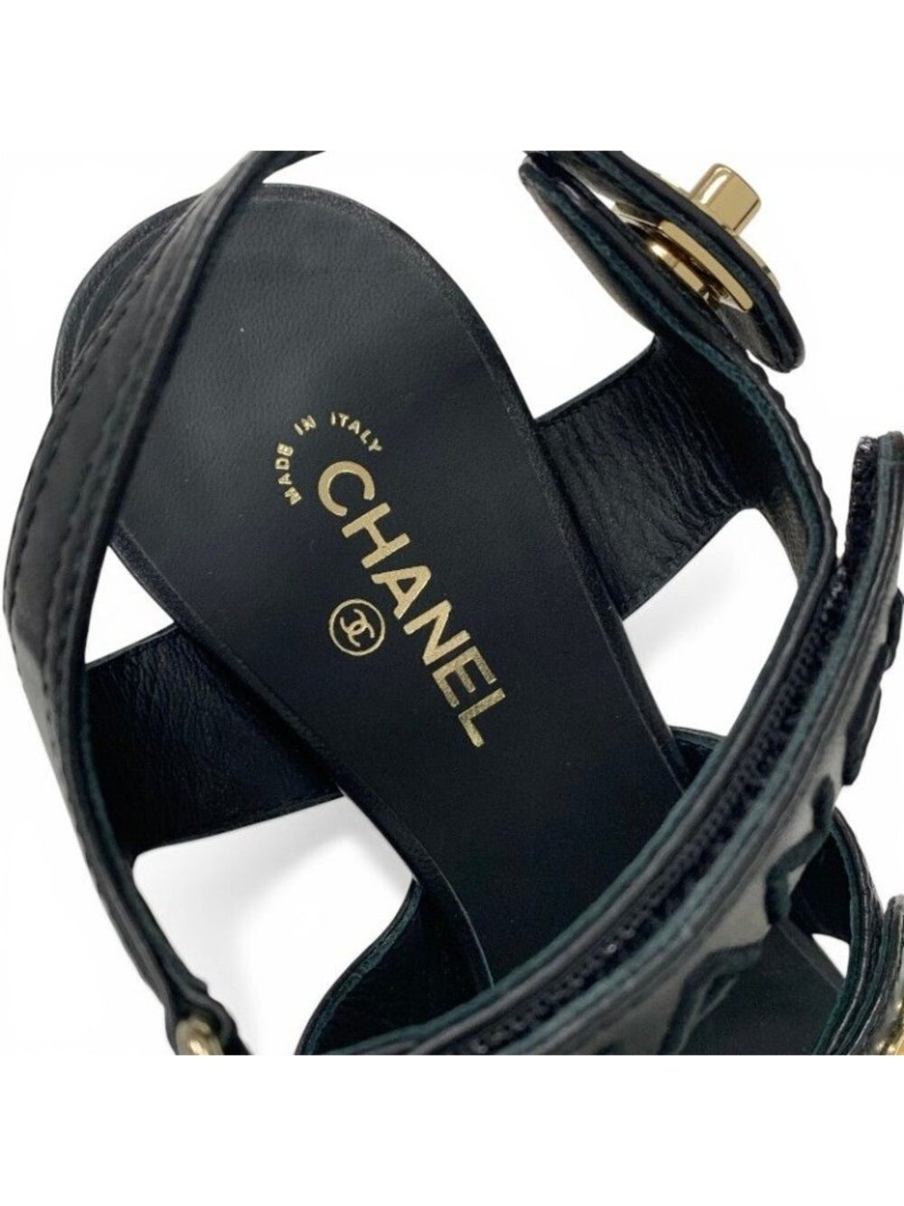 Chanel Sandals Shoes Leather Black Gold CC Logo Turnlock Velcro Strap - Picture 7 of 10
